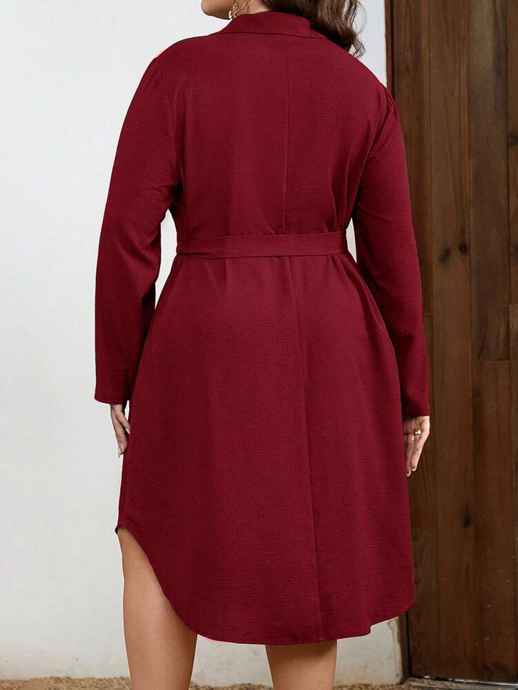 Plus Size Women's Casual Solid Color Button-Down Long Sleeve Dress