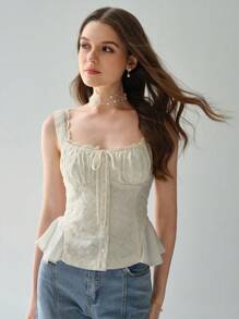 Enchnt 女士浪漫花卉刺绣夏季系带假荷叶边厚肩性感背心