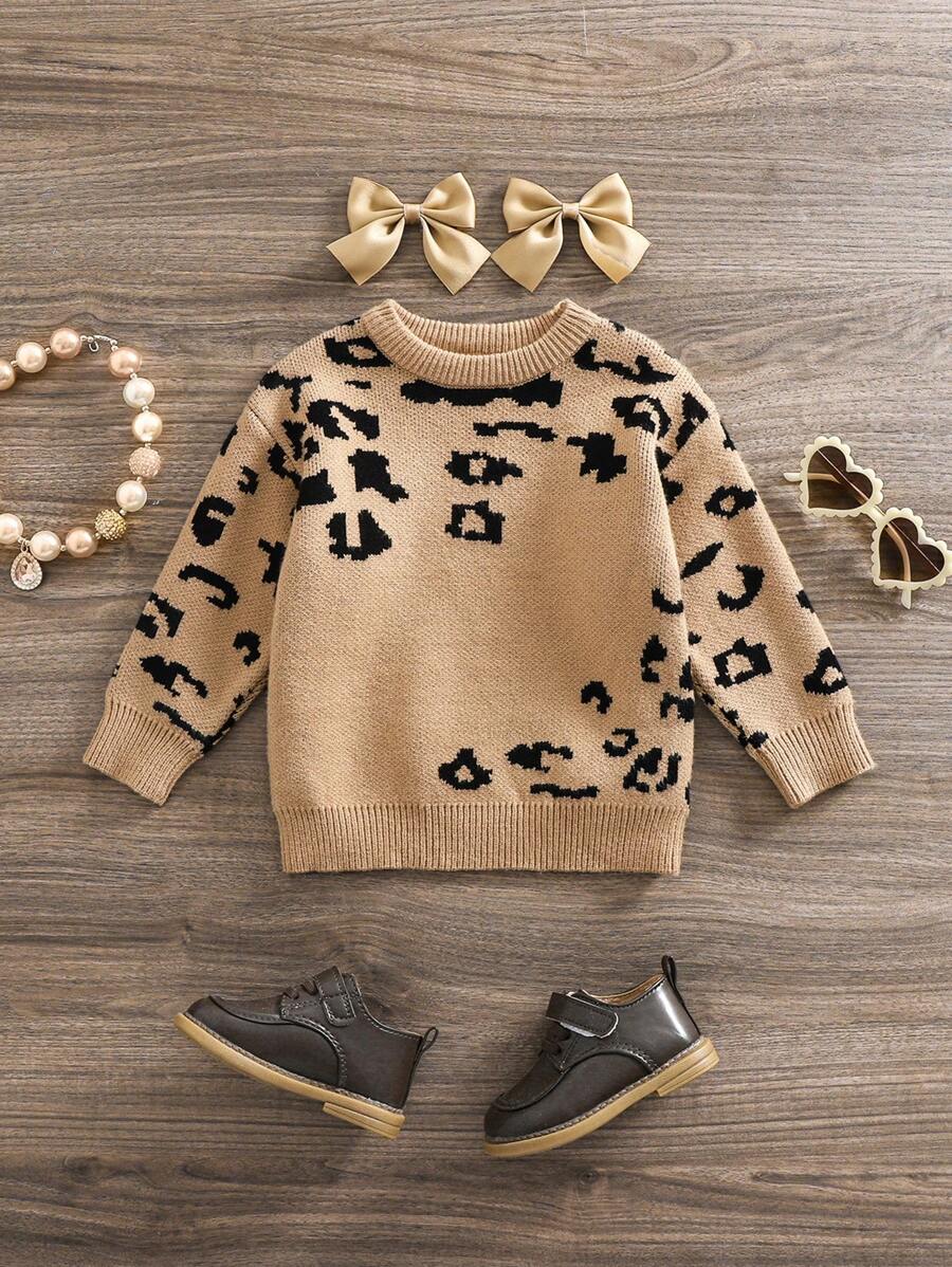 SHEIN Suéter de manga larga tejido con estampado de leopardo lindo para bebé niña, versátil para otoño e invierno - Camel - Ver 1