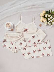 Dream Adore 3-delige damespyjamaset met berenprint - hemdje met kanten rand, spaghettibandjes, geplooide shorts en casual broek met rechte pijpen