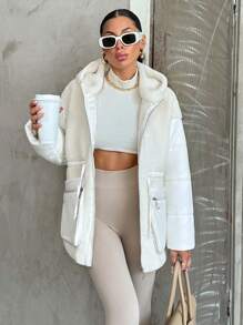 EURMUSE Plus Women's Coat Made Of Fluffy Fabric And Padding With A Fitted Design, Fabric Patchwork, Adjustable Waist, Side Pockets With Zipper, Hood - White - View 6