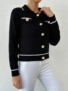 EURMUSE Women'S Contrast Trim Button Down Cardigan - Black - View 4