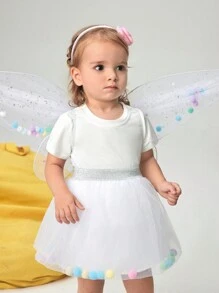 SHEIN Noworodek Dziewczynka Śliczny Fantazyjny Biały Siatkowy Kolorowy Pompon Skrzydło Elegancki Kostium Fotograficzny, Na Imprezę Halloween