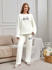EURMUSE 2Pcs Pelush Love Embroidery Detail PJ Set - White - View 6
