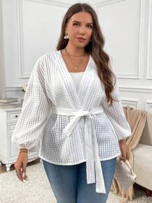 SHEIN Privé Plus Size Elegant Casual V-Neck Self Tie Waist Jacquard Textured Solid Color Jacket