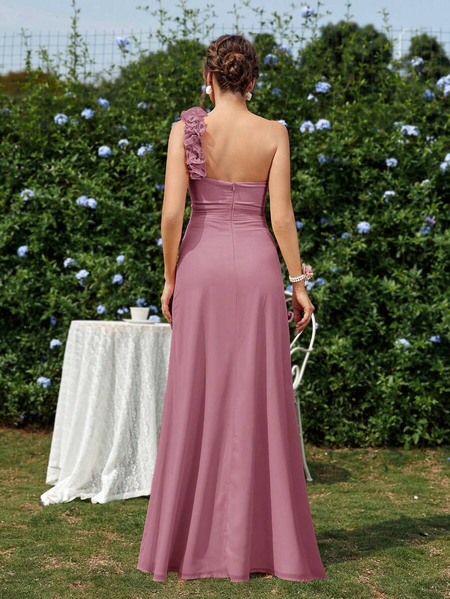 SHEIN Belle Elegant Shoulder Strap Floral Ruched A-Line Split Bridesmaid Dress (Adult) - Dusty Pink - View 1
