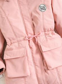 Tween Girls Furry Lined Hooded Cinched Waist Pockets  Parka Jacket, Winter - Pink - View 3