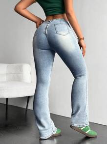 SHEIN EZwear Quần jean denim dày ấm áp đơn giản có túi xếp ly cho nữ ngày lễ Tạ ơn Giáng sinh - Màu xanh lam - Xem 4