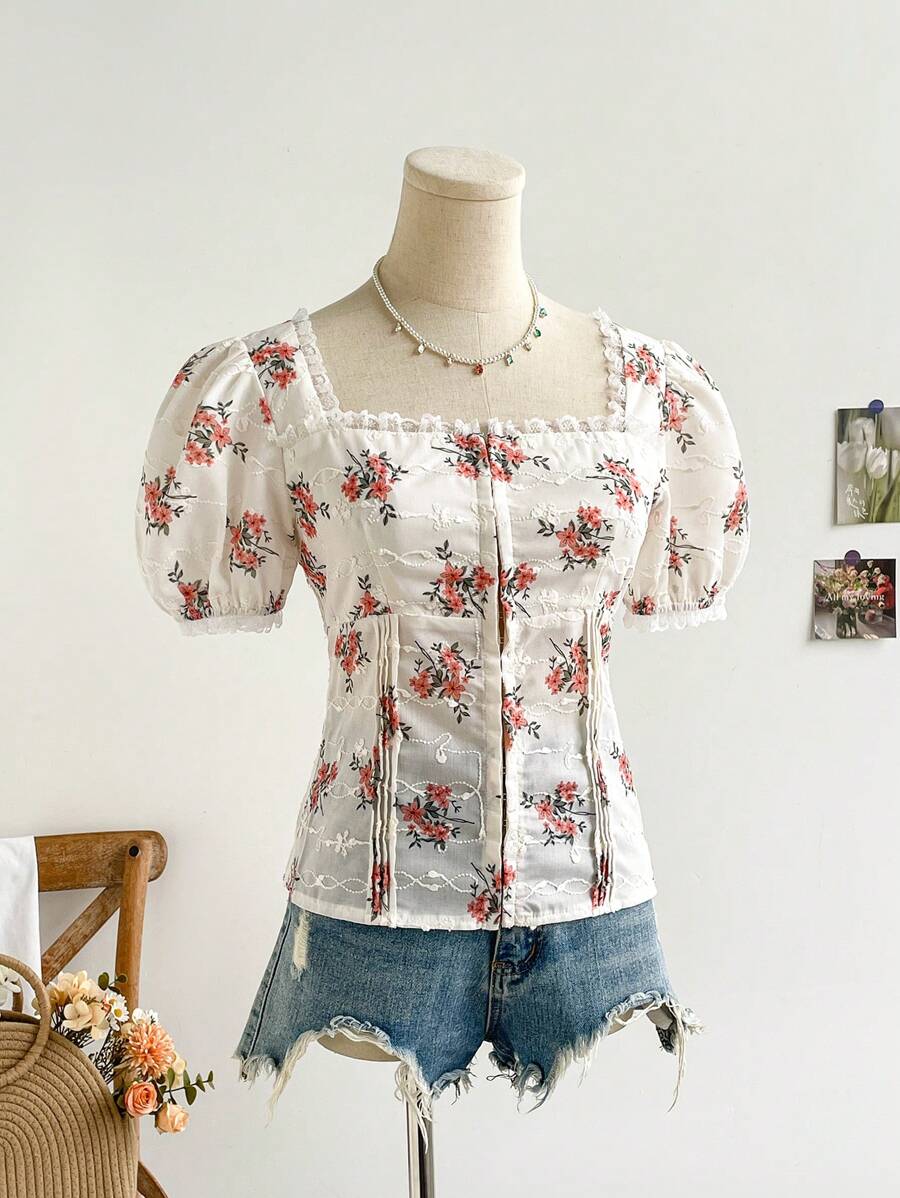 Soleia Camicia con maniche a sbuffo da donna con scollo quadrato, romantico bordo in pizzo e tessuto con texture vintage multicolore