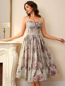 Chiquease Đầm thắt lưng in họa tiết màu pastel ngẫu nhiên lãng mạn thanh lịch cho nữ, mùa hè - Nhiều màu - Xem 5