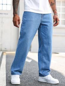 Manfinity Homme Men's Relaxed Fit Solid Color Denim Jeans With Slant Pockets - Blue - View 6
