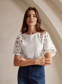 Anewsta Women Crew Neck Solid Color Ruffle Trim Short Sleeve T-Shirt For Summer