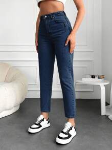 EURMUSE High Waist Mom Fit Jeans - Dark Wash - View 4