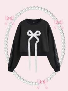 SHEIN MOD Black Lace Spliced Bowknot Decor Ladies Sweatshirt,Back To School Clothes,Fall Women Outfits,Halloween Clothes,Bow Sweatshirt,Y2k,Vintage,Going Out Outfits,Crew Neck Sweatshirt,Preppy Tops - Black - View 1