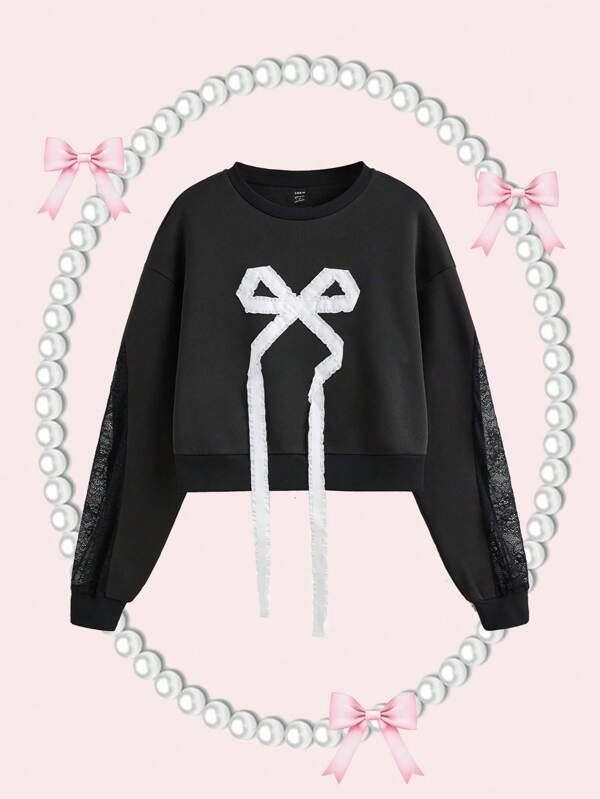 SHEIN MOD Black Lace Spliced Bowknot Decor Ladies Sweatshirt,Back To School Clothes,Fall Women Outfits,Halloween Clothes,Bow Sweatshirt,Y2k,Vintage,Going Out Outfits,Crew Neck Sweatshirt,Preppy Tops
