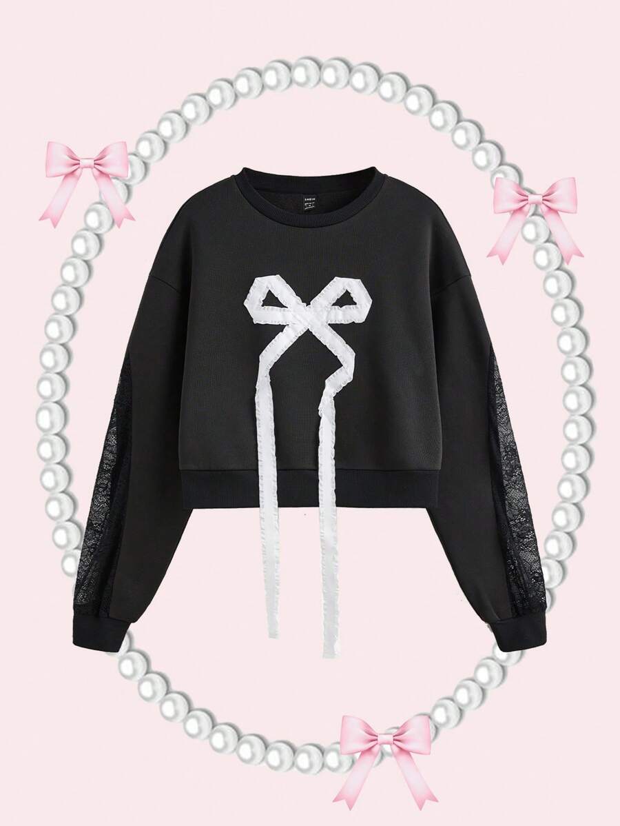 SHEIN MOD Black Lace Spliced Bowknot Decor Ladies Sweatshirt,Back To School Clothes,Fall Women Outfits,Halloween Clothes,Bow Sweatshirt,Y2k,Vintage,Going Out Outfits,Crew Neck Sweatshirt,Preppy Tops - Black - View 1