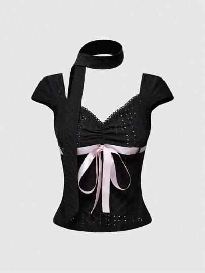 J-Fashion T-shirt doux décoratif avec nœud papillon dans le style Y2K pour femmes