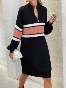 SHEIN LUNE Damen Gestreiftes Pulloverkleid mit halbem Reißverschluss und langen Ärmeln, lässig, Herbst/Winter, Drop-Shoulder - Schwarz - Übersicht 6