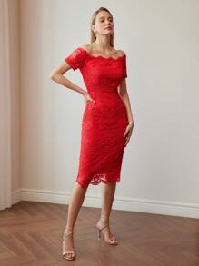 MOTF Women's Off-Shoulder Fitted Short Sleeve Summer Dress - Red - View 6