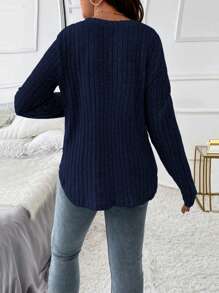 Plus Size Plain V-Neck Ribbed Long Sleeve T-Shirt Fall Cloth For Women - Navy Blue - View 3