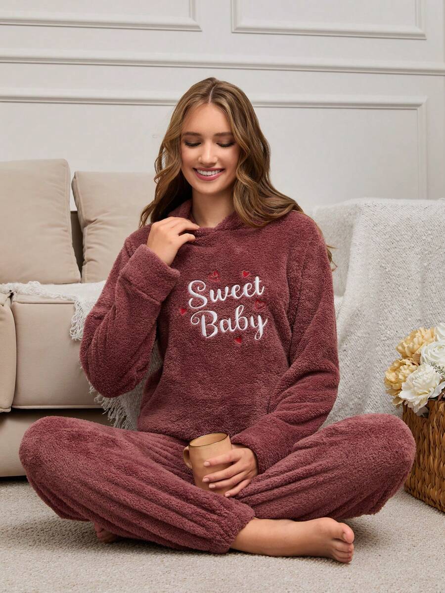 RueChic 2Pcs Pelush Slogan Embroidery Detail Hoodie And Long Bottom Lounge Set - Rusty Rose - View 1
