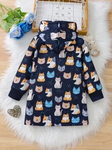Young Girl Cartoon Cat Print Hooded Button-Up Fleece Jacket , Long Warm Outerwear For Children In Autumn And Winter - Navy Blue - View 2