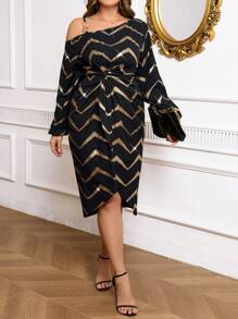 SHEIN Tall CURVE Asymmetrical Shoulder Chain & Twist Open Shoulder Cinched Waist Puff Sleeve Elegant Vintage Foil Print Plus Size Gold And Black Mid-Length Dress, Dress, New Years Dress Women, Sequin, Nye Outfit Women, Black Dress Elegant