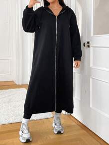 SHEIN EZwear Plus Size Black Long Hooded Sweatshirt Jacket Graduation,Back To School Outfits,Graduation,Teacher Outfits For Women,Back To School Winter Fall Autumn - Black - View 3