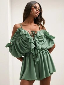 COSMINA Bộ áo liền quần nữ màu trơn, hở vai, viền bèo nhún, kiểu dáng thường ngày. - màu xanh lá - Xem 8