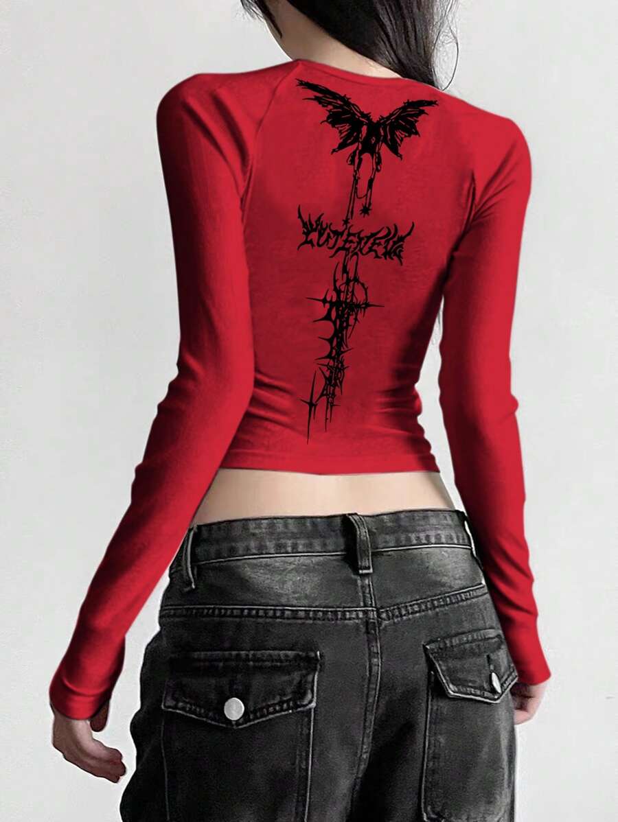 INAWLY Women Spring And Summer Gothic Letter Print Round Neck Raglan Long Sleeves Cut Slim Fit T-Shirt Graphic Tees Women Tops For Spring - Red - View 1