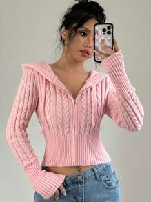 Flirla 女士纯色抽绳连帽开衫，春秋季，长袖上衣 - 粉色 - 查看 4