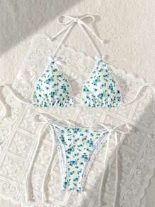 SHEIN Swim 女款夏季海灘花卉印花蝴蝶結裝飾掛脖露背綁帶比基尼套裝，隨機印花 - 藍色 - 查看 8