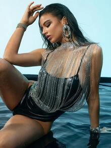 Sparkly Rhinestone Tassel Tops Hollow Out Tank Top Festival Rave Outfits Club Cropped Top Body Chain - Silver - View 3