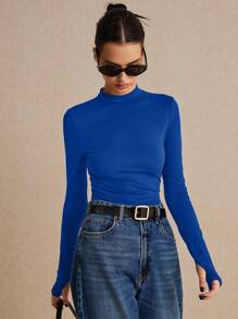 Poéselle Solid Mock Neck Tee,  Bottoming Tee, Long Sleeve, Basic Tee - Royal Blue - View 2