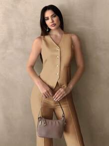 SHEIN Essnce 女式 V 领无袖纽扣纯色优雅时尚衬衫 - 卡其色 - 查看 4