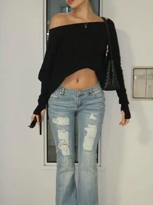 INAWLY Damen leichtes Crop T-Shirt mit Schulterausschnitt Einfarbig für Frühling und Sommer, schwarzes Crop Top mit Langarm