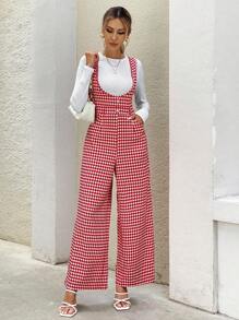 SHEIN Clasi 女式千鸟格设计直腿休闲宽松连体裤新年服装 - 紅色 - 查看 1