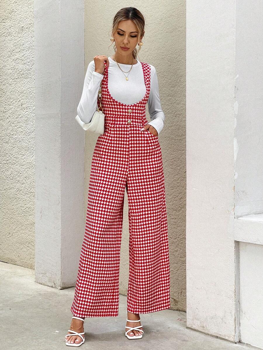 SHEIN Clasi 女式千鸟格设计直腿休闲宽松连体裤新年服装 - 紅色 - 查看 1