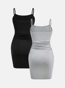 SHEIN Girlism Váy hai dây xếp nếp thường ngày cho bé gái Tween, dệt kim màu đen và xám, vừa vặn và thoải mái - Nhiều màu - Xem 2