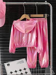 SHEIN 2-częściowy dziewczęcy, minimalistyczny, błyszczący, skrócony zestaw bluzy z kapturem i spodniami ze ściągaczem, odpowiedni do codziennego noszenia na co dzień, na wiosnę i jesień, na wszystkie pory roku