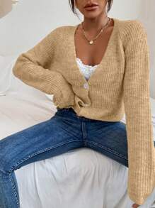 SHEIN LUNE Women's V-Neck Button Up Long Sleeve Loose Casual Cardigan - Khaki - View 7