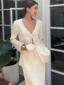 Livesso 女士纯色束腰长袖修身衬衫，配蝴蝶结，秋季服装