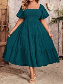 SHEIN Clasi Plus Size Women Solid Color Square Neck Ruffle Hem Short Sleeve Casual Dress Maxi Women Outfit - Teal Blue - View 1
