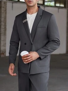 Manfinity Mode Bộ vest nam màu trơn hai hàng cúc, tay dài và quần tây, thích hợp cho các buổi lễ. - Xám - Xem 5