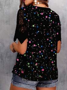 Plus Star Print Contrast Guipure Lace Tee, For Summer - Black - View 2