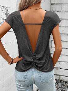 SHEIN LUNE Camiseta de manga con volantes y espalda descubierta con cuello en V de unicolor, para primavera y verano - Gris Oscuro - Ver 5