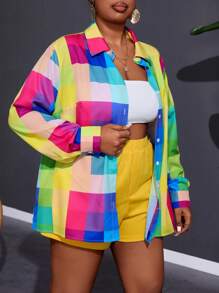 Slaydiva 2 pezzi Set di camicetta a maniche lunghe con stampa plaid colorata ampia ed elegante per l'uso quotidiano e giacca corta aderente di colore giallo solido, adatto per primavera e autunno, taglie comode per donne - Multicolore - Visualizzare 5