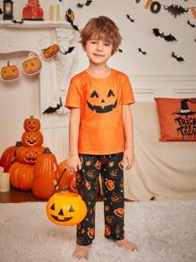 SHEIN 小男孩卡通图案短袖和长裤阻燃万圣节主题 2 件套睡衣套装，爸爸和我的配套服装（3 套单独出售） - 橘色 - 查看 2