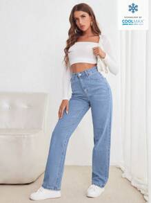 SHEIN Frenchy Phụ Nữ Nút Thắt Lưng Thẳng Xu Hướng Thời Trang Thông Thường Quần Denim Đa Năng - Rửa nhẹ - Xem 7