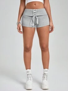 Easithlete Design cu șnur pentru damă, culoare uni, pantaloni scurți sport simpli și casual - Gri - Vizualizare 1